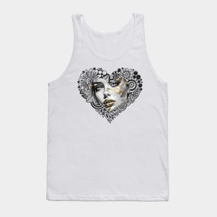 Golden Impasto Reflections: Abstract Portrait-- An artistic depiction of a striking girl's face in a close-up pencil sketch Tank Top